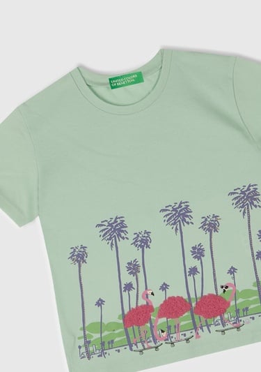  Kız Çocuk Su Yeşili Önü Baskılı Tül Aplikli Yırtmaçlı T-Shirt