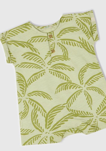  Bebek Yeşil Tamamı Desenli Önü Düğme Detaylı Gizli Çıtçıtlı Tulum