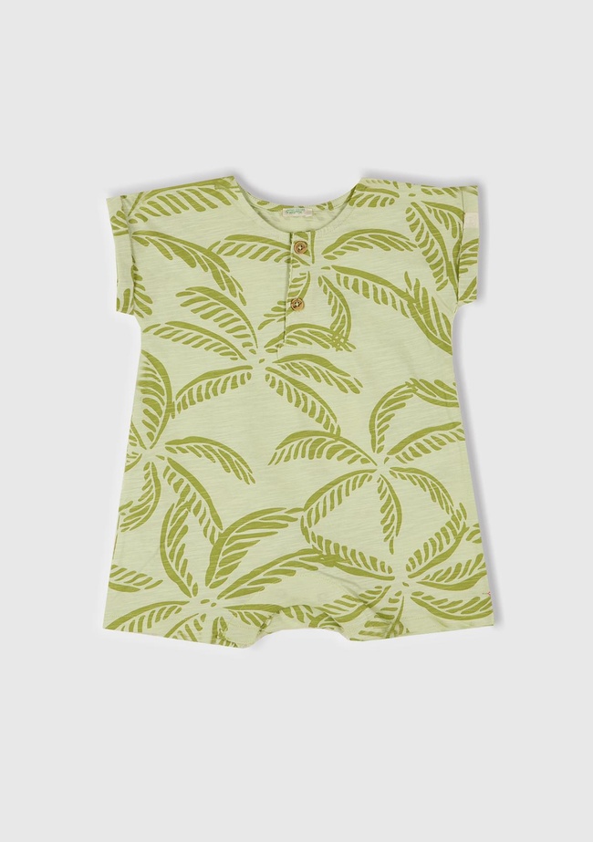  Bebek Yeşil Tamamı Desenli Önü Düğme Detaylı Gizli Çıtçıtlı Tulum