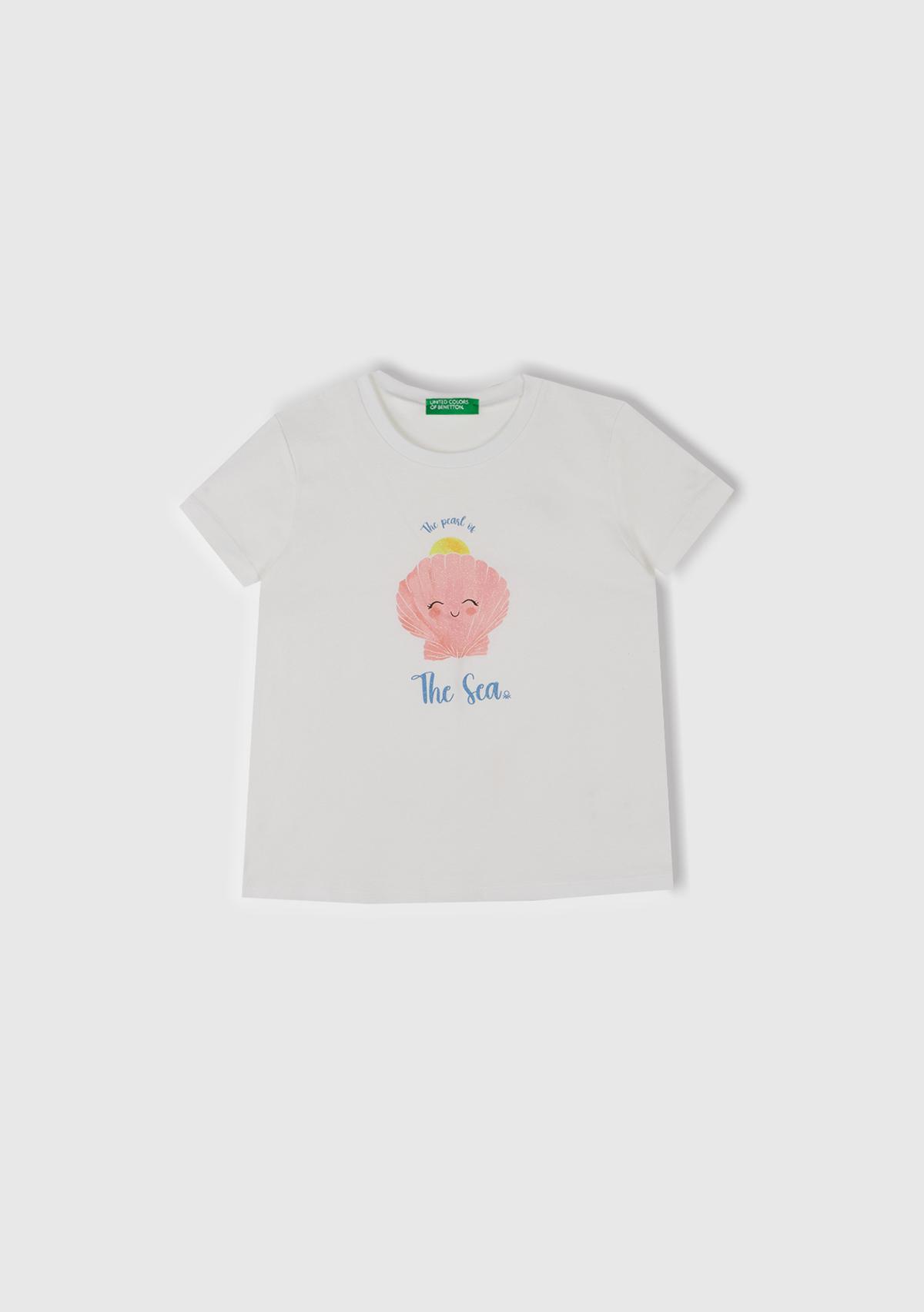  Kız Çocuk Beyaz Simli Grafik Baskılı T-Shirt