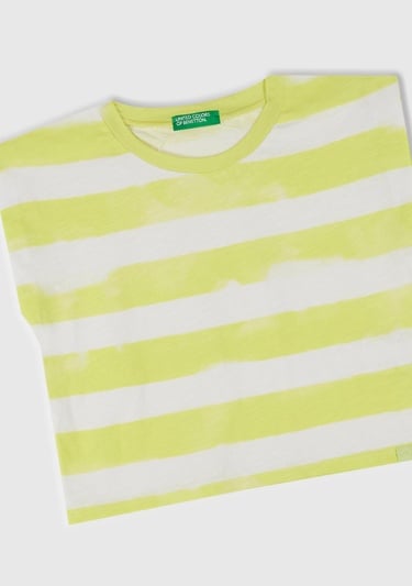  Kız Çocuk Sarı Çizgili Boynu Nervürlü Logo Etiketi Detaylı Kolsuz T-Shirt