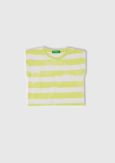  Kız Çocuk Sarı Çizgili Boynu Nervürlü Logo Etiketi Detaylı Kolsuz T-Shirt