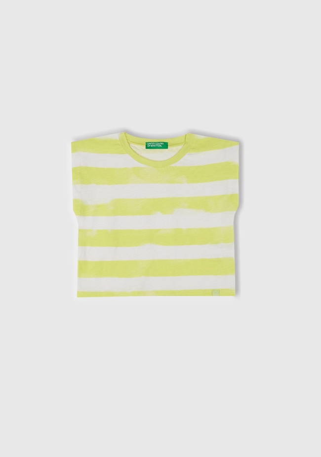  Kız Çocuk Sarı Çizgili Boynu Nervürlü Logo Etiketi Detaylı Kolsuz T-Shirt