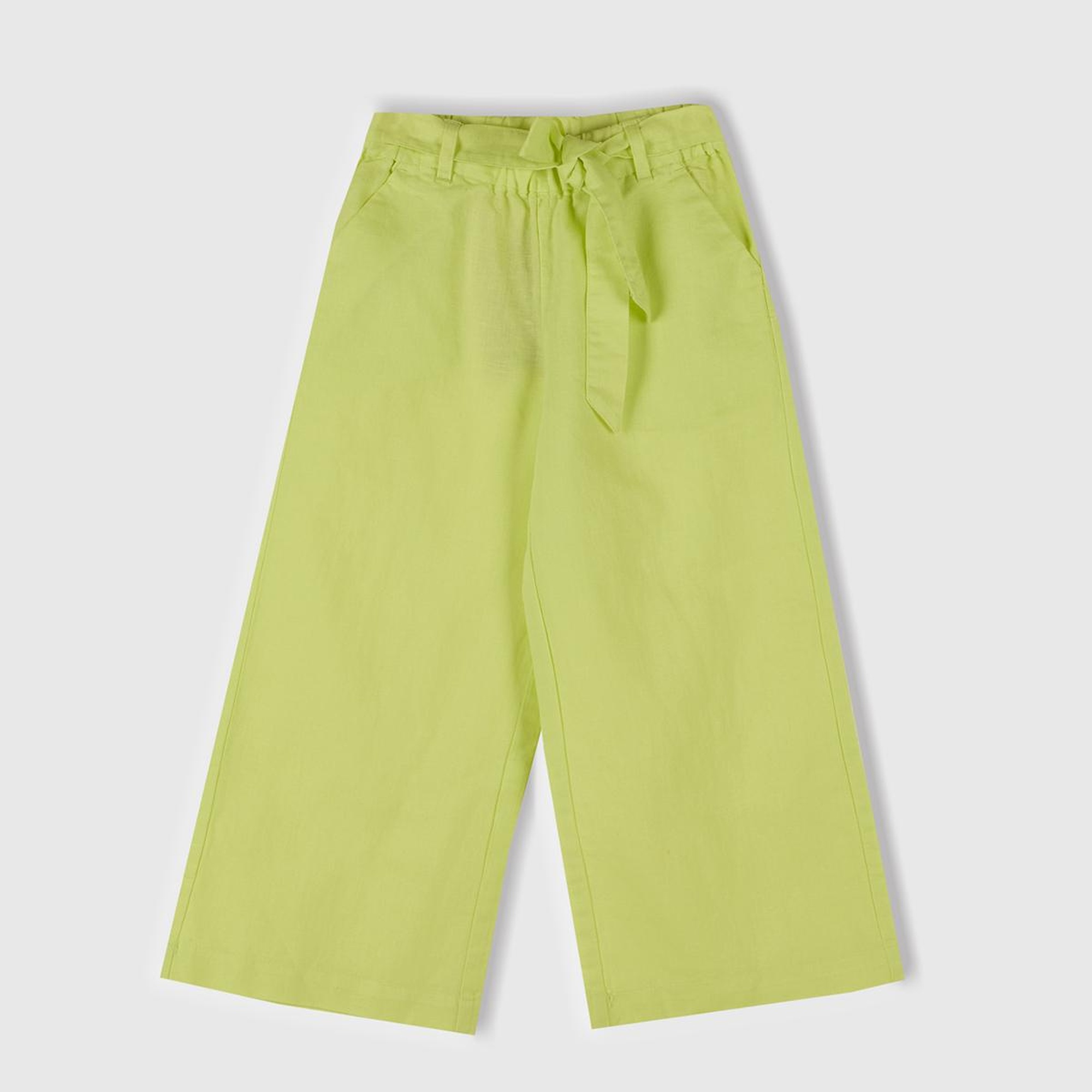 Kız Çocuk Sarı Keten Karışımlı Beli Dikişli Kuşaklı Geniş Paça Pantolon