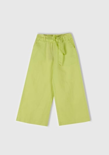  Kız Çocuk Sarı Keten Karışımlı Beli Dikişli Kuşaklı Geniş Paça Pantolon