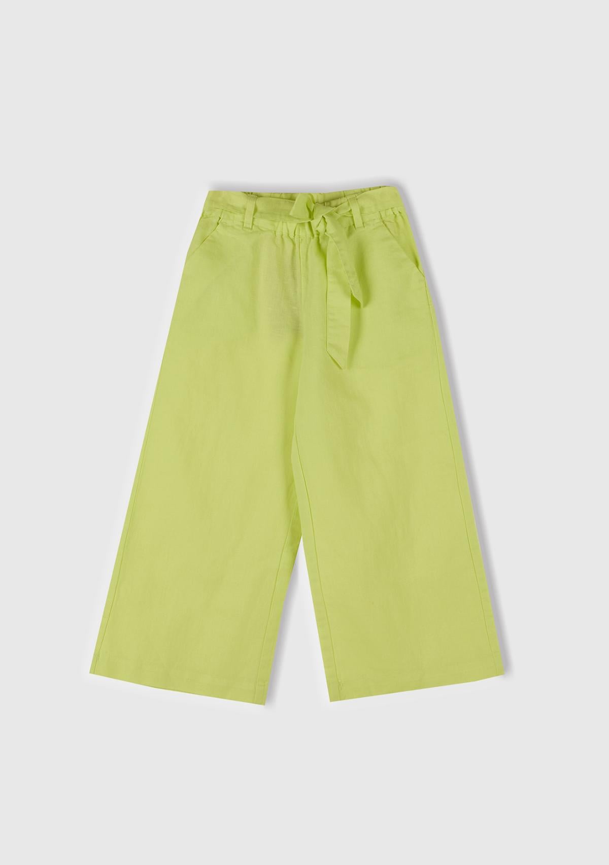  Kız Çocuk Sarı Keten Karışımlı Beli Dikişli Kuşaklı Geniş Paça Pantolon