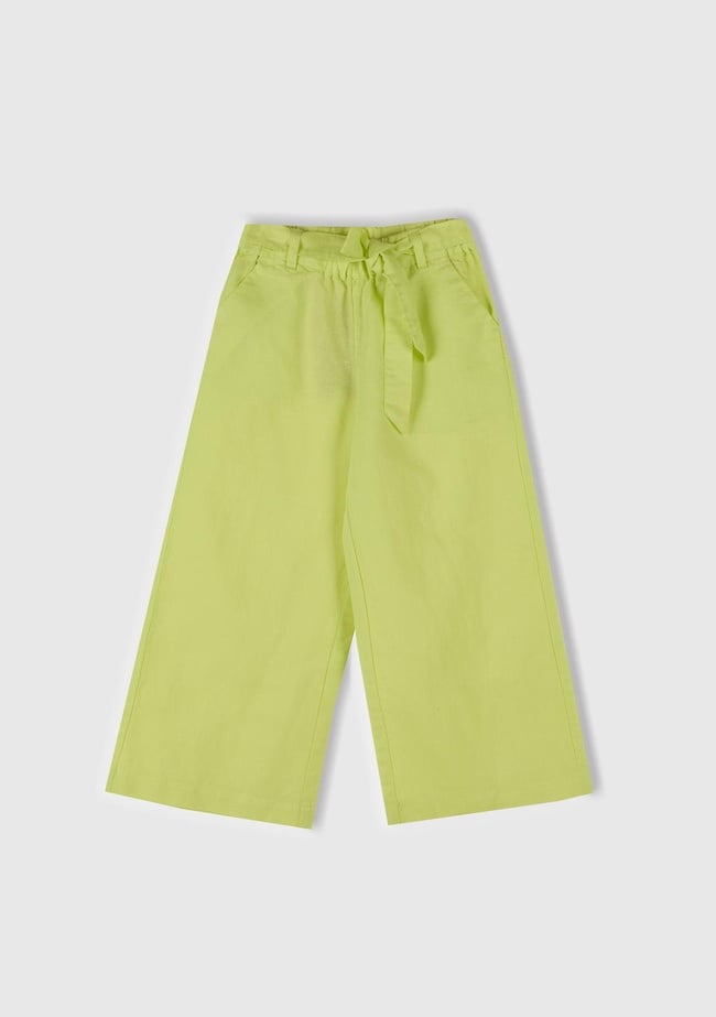  Kız Çocuk Sarı Keten Karışımlı Beli Dikişli Kuşaklı Geniş Paça Pantolon