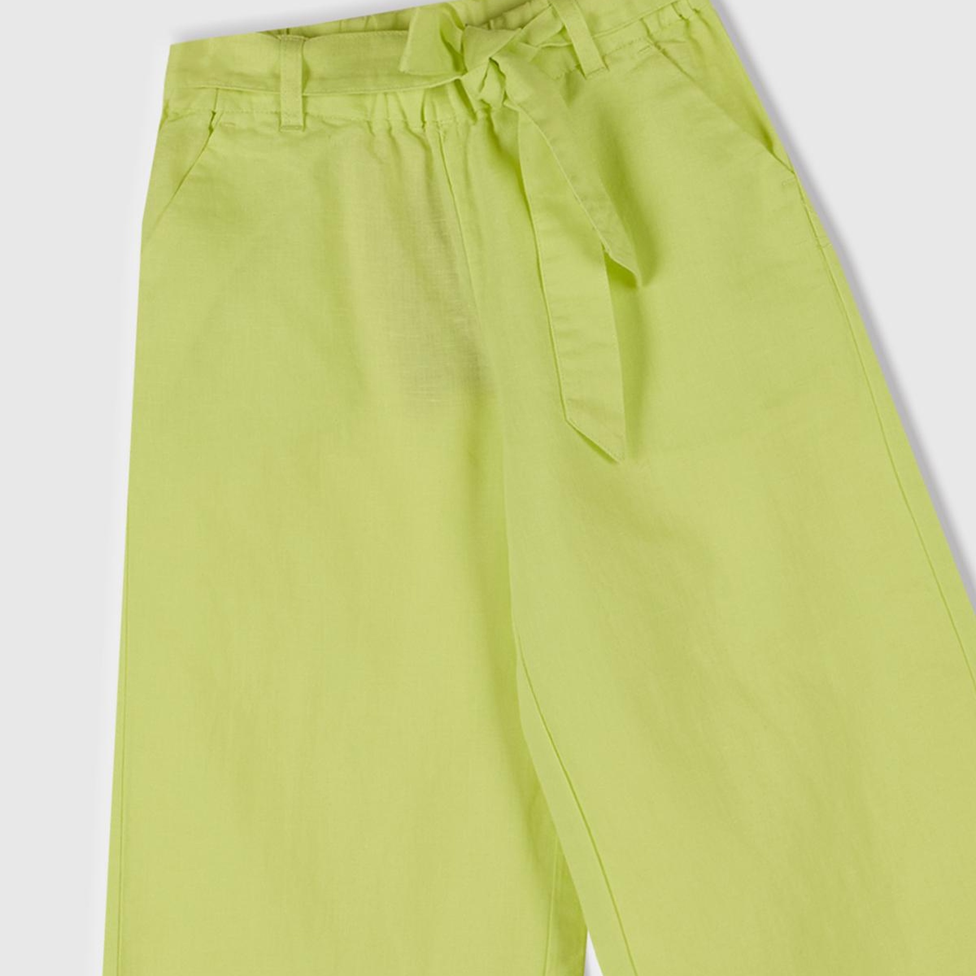 Kız Çocuk Sarı Keten Karışımlı Beli Dikişli Kuşaklı Geniş Paça Pantolon