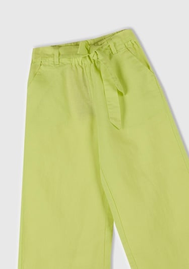  Kız Çocuk Sarı Keten Karışımlı Beli Dikişli Kuşaklı Geniş Paça Pantolon