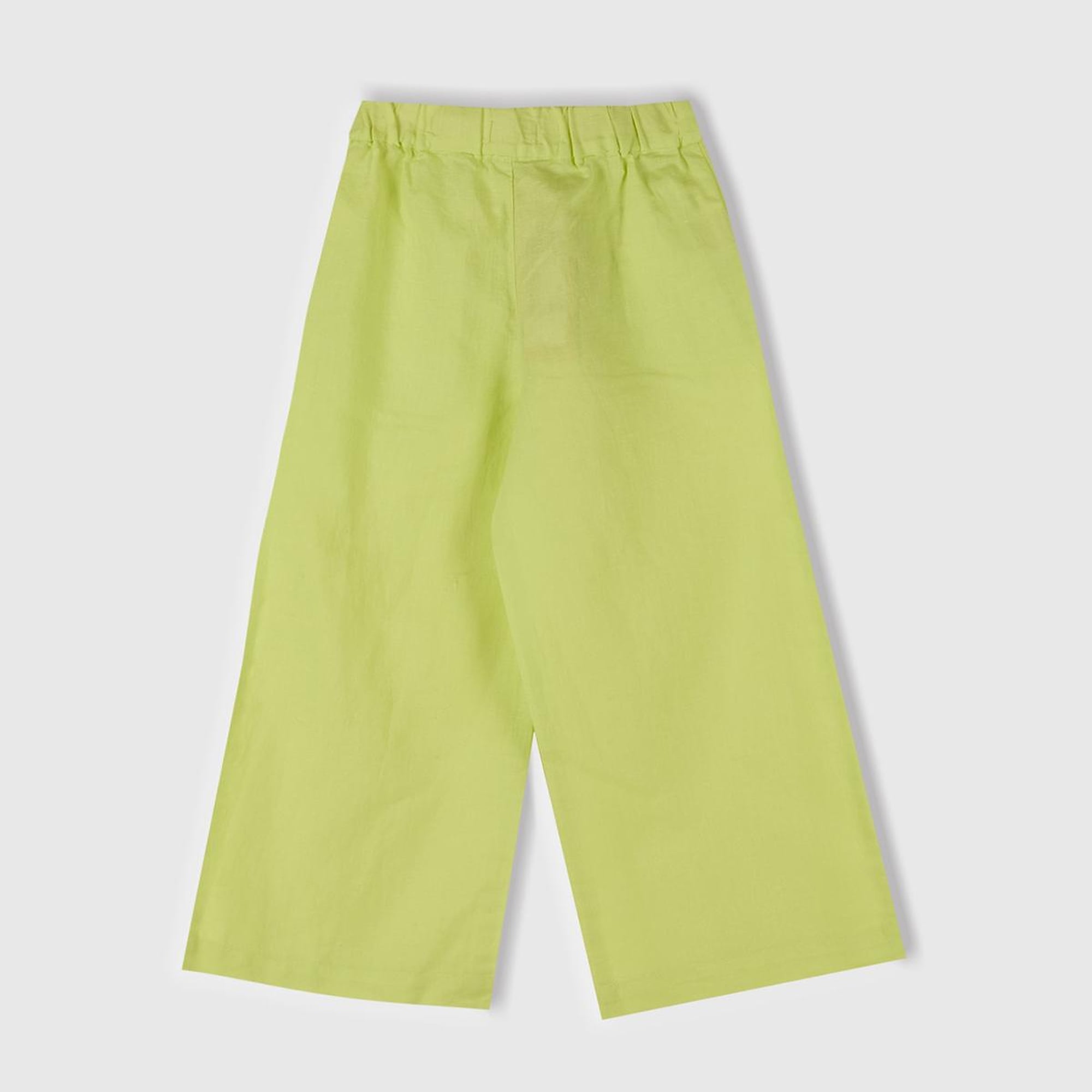 Kız Çocuk Sarı Keten Karışımlı Beli Dikişli Kuşaklı Geniş Paça Pantolon