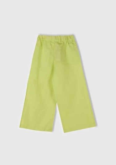  Kız Çocuk Sarı Keten Karışımlı Beli Dikişli Kuşaklı Geniş Paça Pantolon
