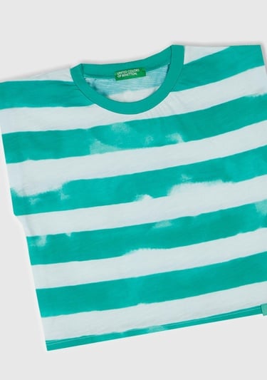  Kız Çocuk Yeşil Çizgili Boynu Nervürlü Logo Etiketi Detaylı Kolsuz T-Shirt