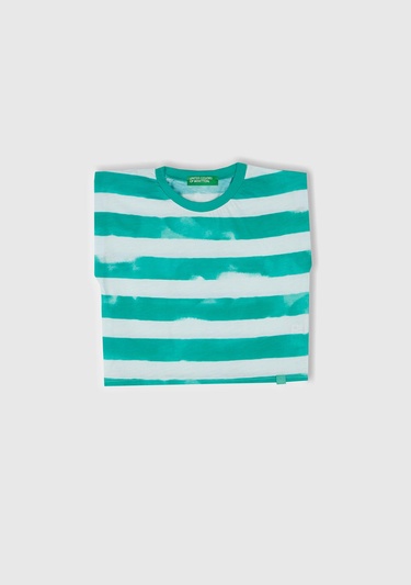  Kız Çocuk Yeşil Çizgili Boynu Nervürlü Logo Etiketi Detaylı Kolsuz T-Shirt