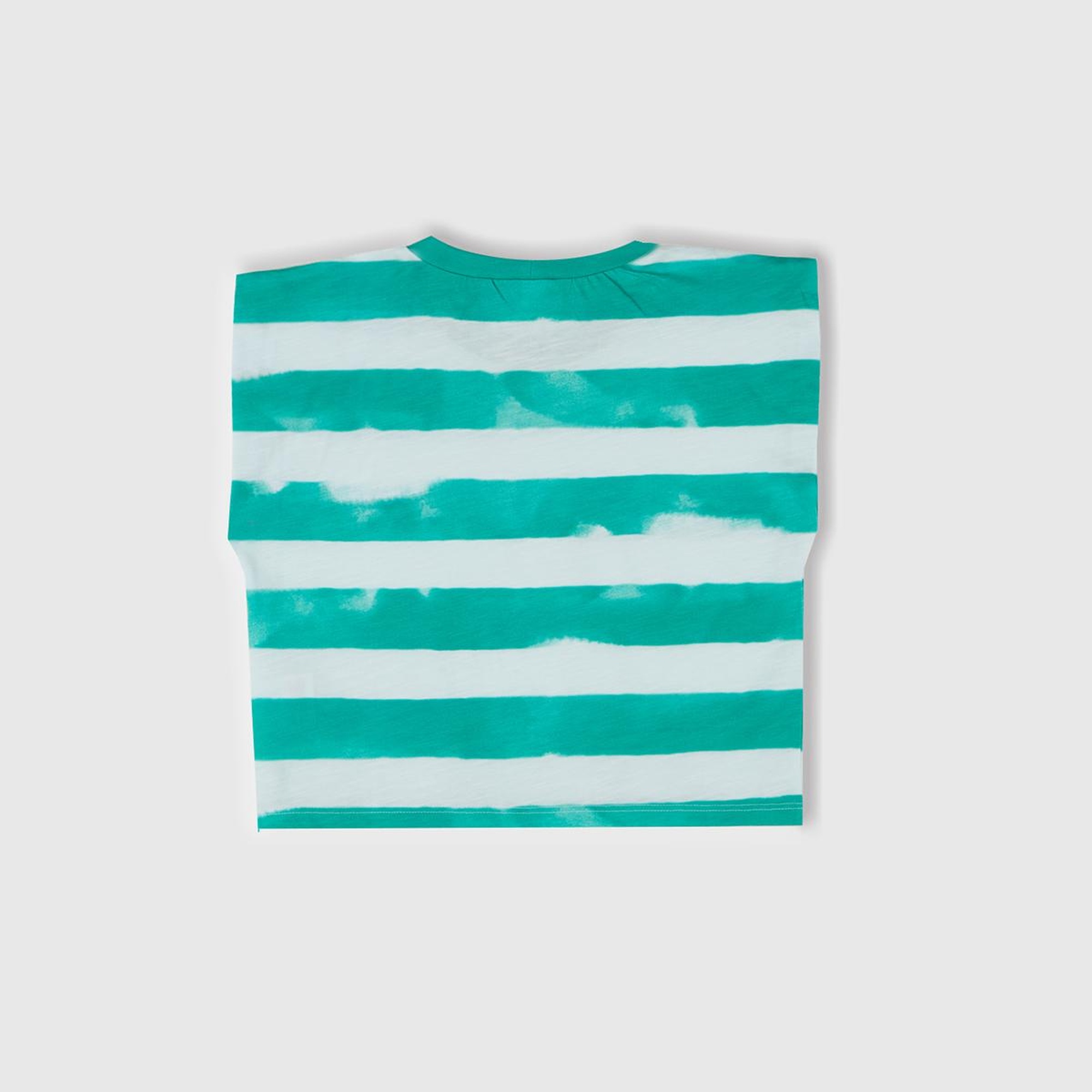 Kız Çocuk Yeşil Çizgili Boynu Nervürlü Logo Etiketi Detaylı Kolsuz T-Shirt