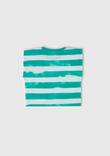  Kız Çocuk Yeşil Çizgili Boynu Nervürlü Logo Etiketi Detaylı Kolsuz T-Shirt