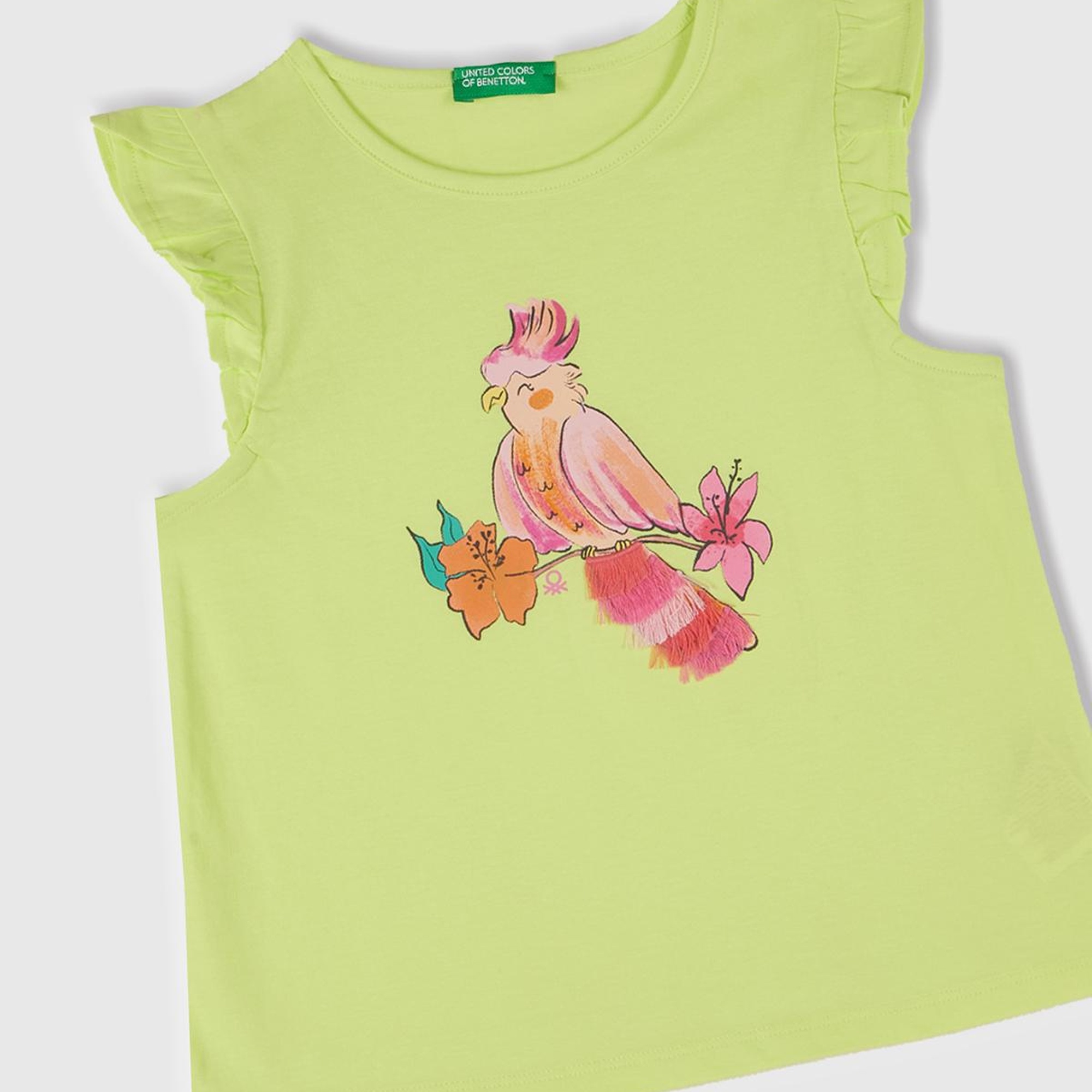 Kız Çocuk Sarı Önü Baskılı Pile Kollu T-Shirt