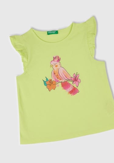  Kız Çocuk Sarı Önü Baskılı Pile Kollu T-Shirt