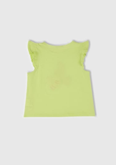  Kız Çocuk Sarı Önü Baskılı Pile Kollu T-Shirt