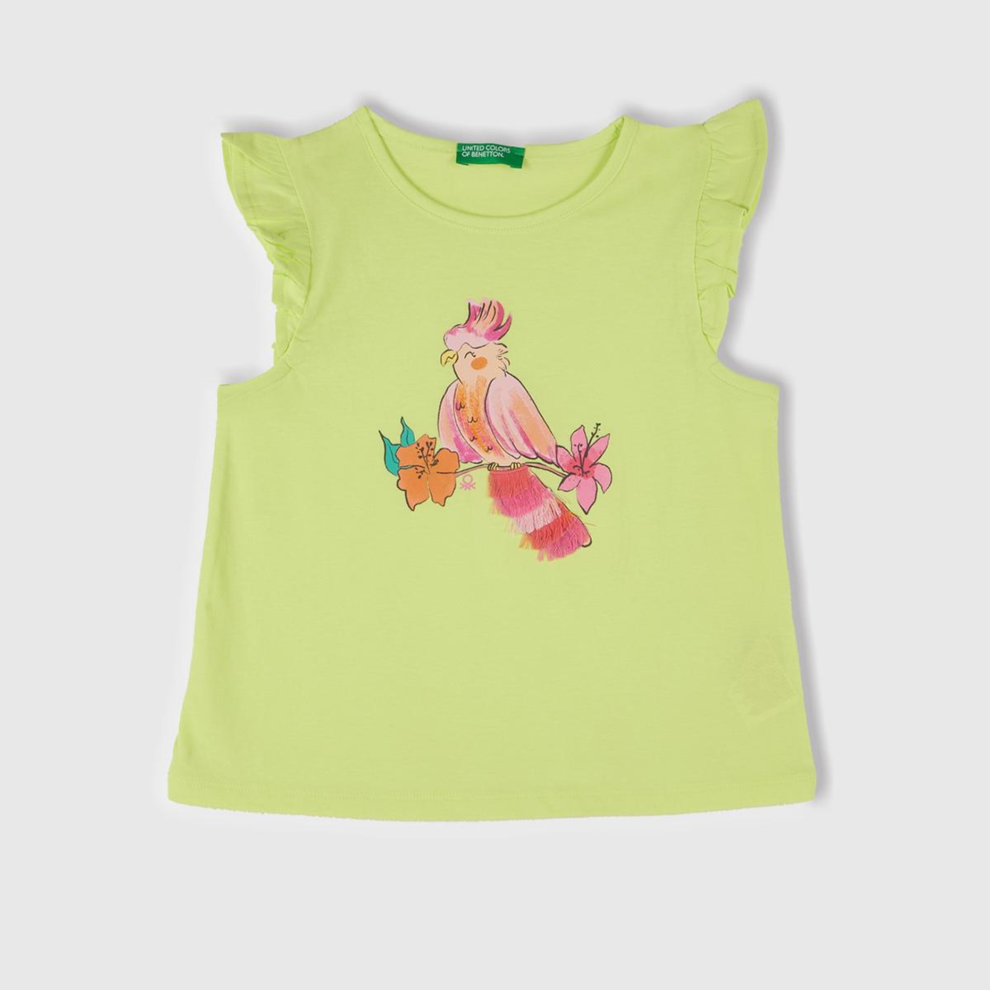 Kız Çocuk Sarı Önü Baskılı Pile Kollu T-Shirt