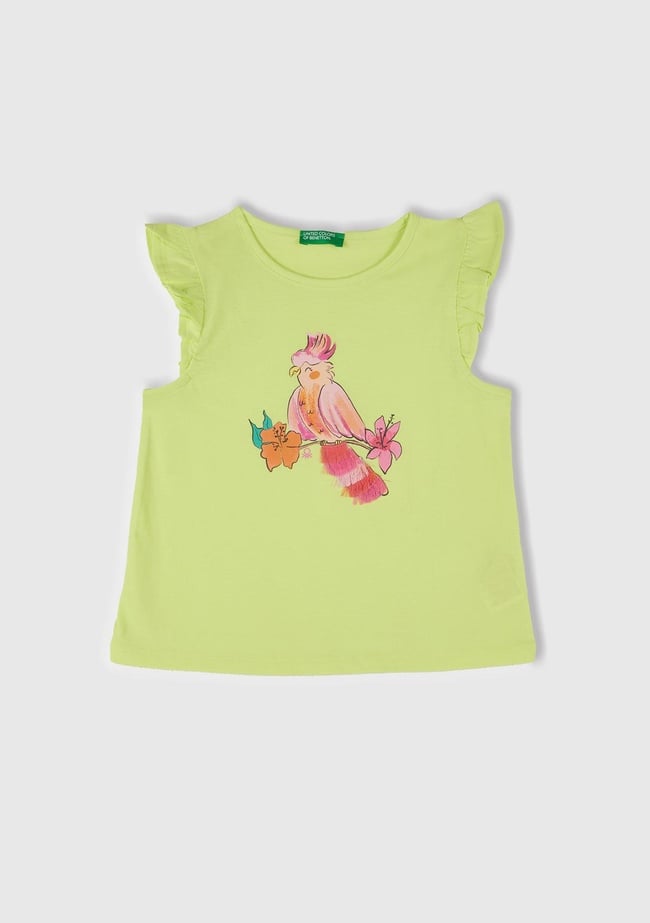  Kız Çocuk Sarı Önü Baskılı Pile Kollu T-Shirt