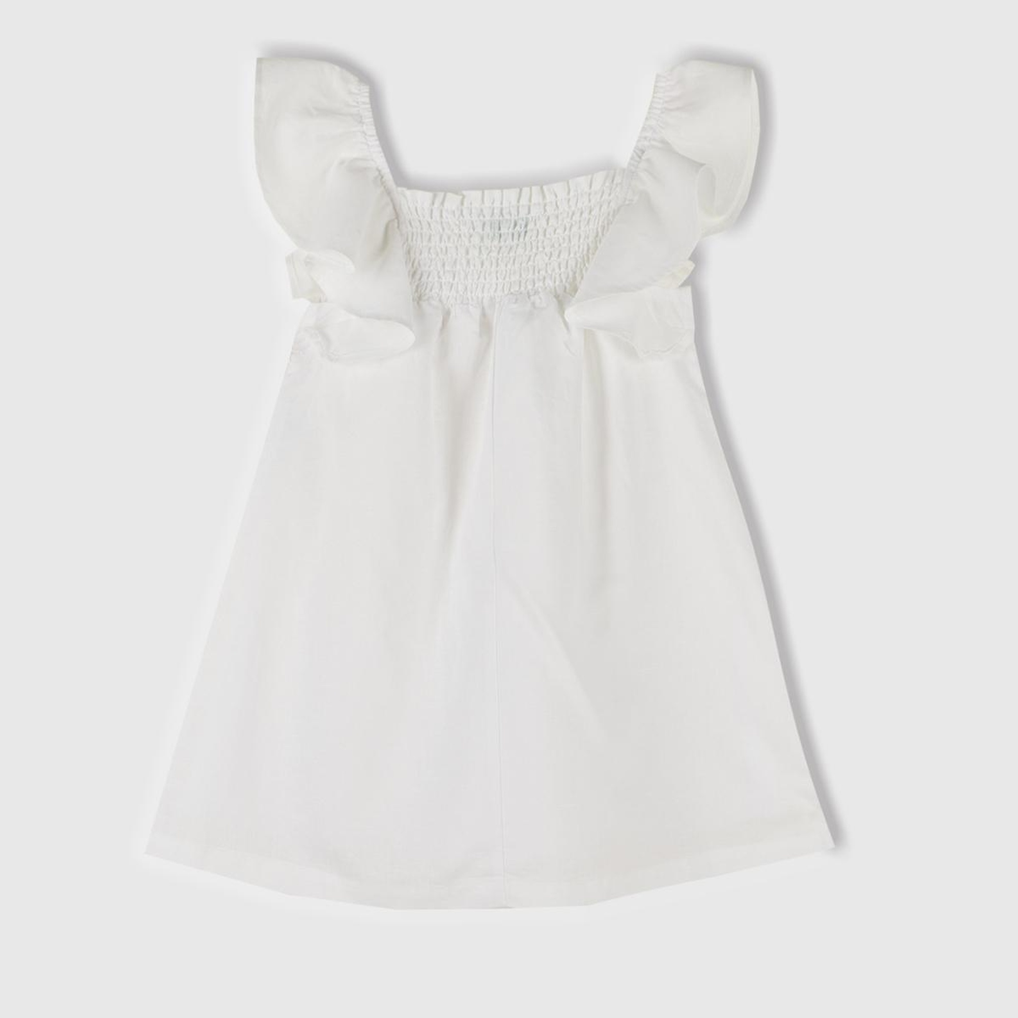 Kız Çocuk Beyaz Keten Karışımlı Çiçek Aplikeli Askısı Fırfırlı Pileli Elbise