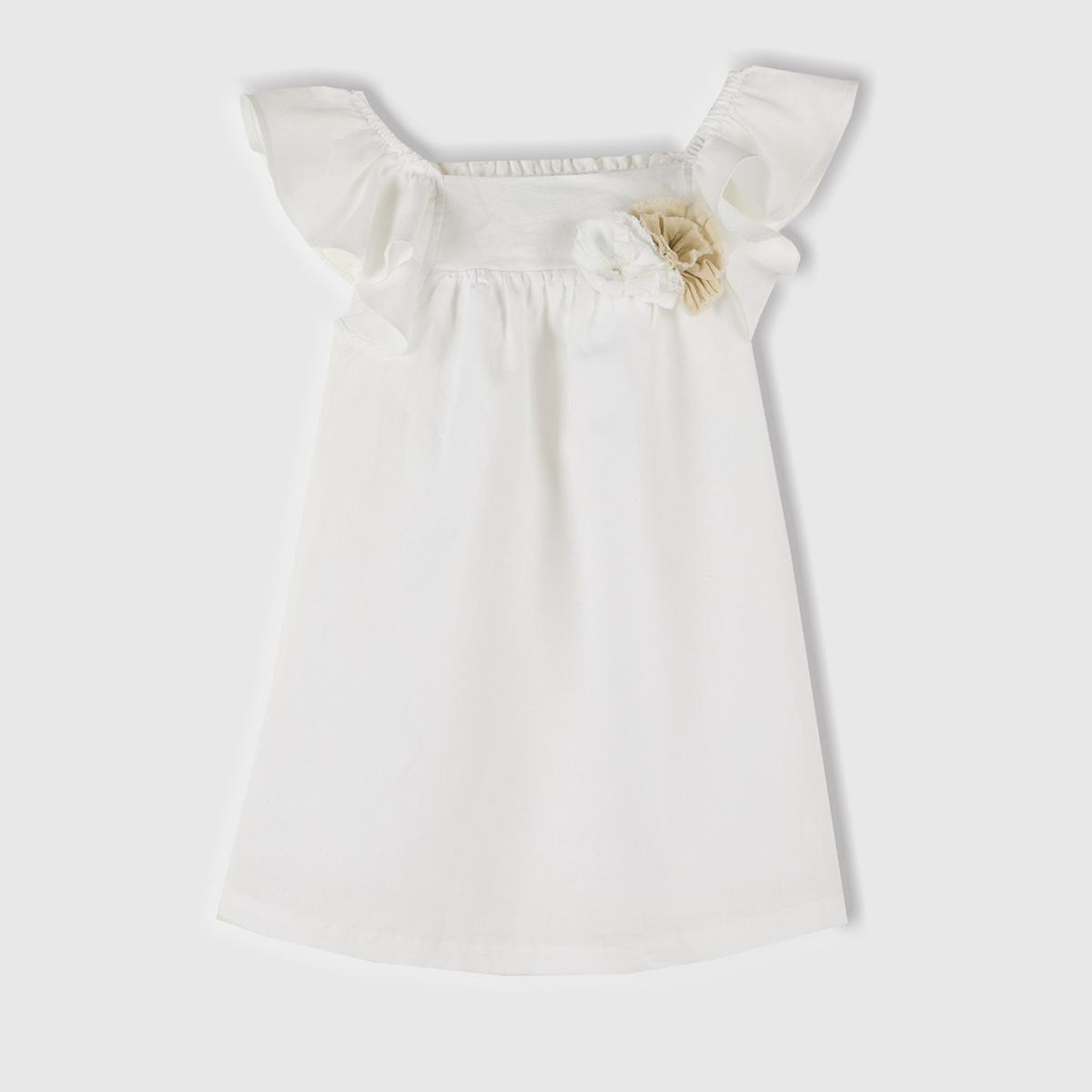 Kız Çocuk Beyaz Keten Karışımlı Çiçek Aplikeli Askısı Fırfırlı Pileli Elbise