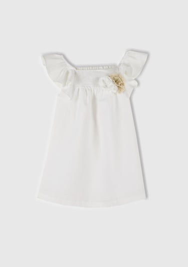  Kız Çocuk Beyaz Keten Karışımlı Çiçek Aplikeli Askısı Fırfırlı Pileli Elbise
