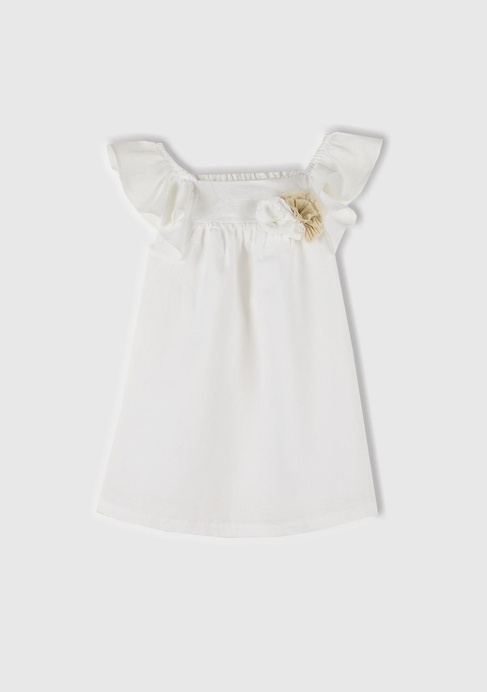  Kız Çocuk Beyaz Keten Karışımlı Çiçek Aplikeli Askısı Fırfırlı Pileli Elbise