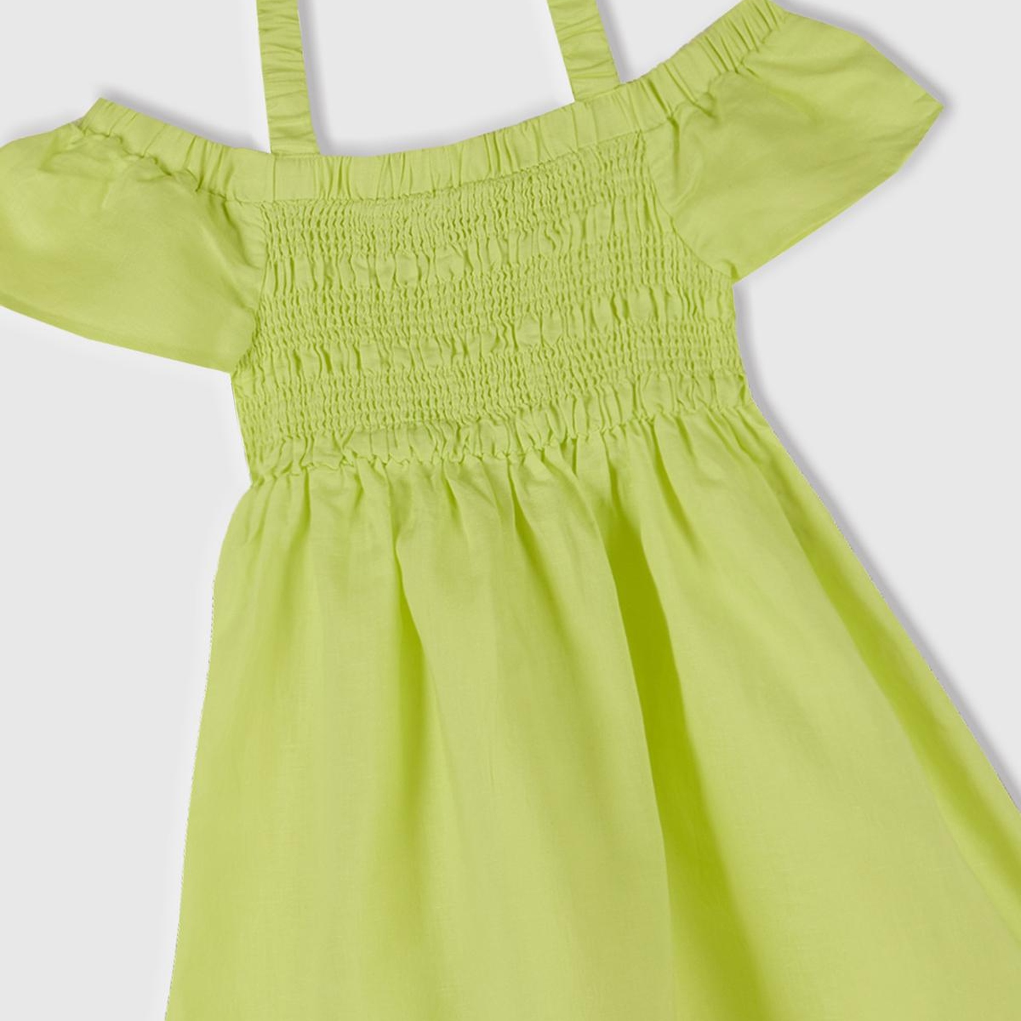 Kız Çocuk Sarı Fırfırlı Kısa Kollu Büzgü Detaylı Pileli Elbise