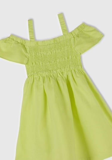  Kız Çocuk Sarı Fırfırlı Kısa Kollu Büzgü Detaylı Pileli Elbise