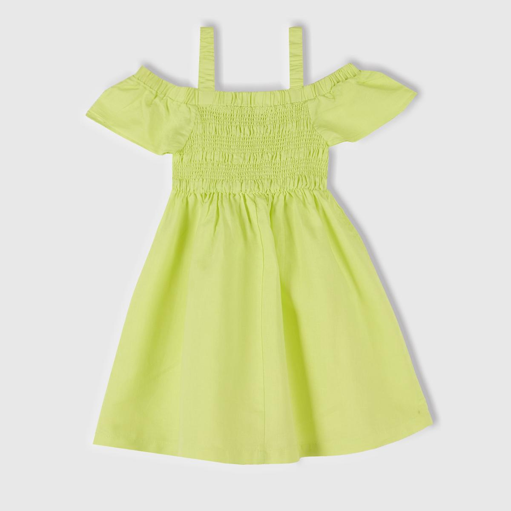 Kız Çocuk Sarı Fırfırlı Kısa Kollu Büzgü Detaylı Pileli Elbise