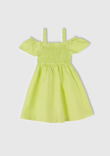  Kız Çocuk Sarı Fırfırlı Kısa Kollu Büzgü Detaylı Pileli Elbise