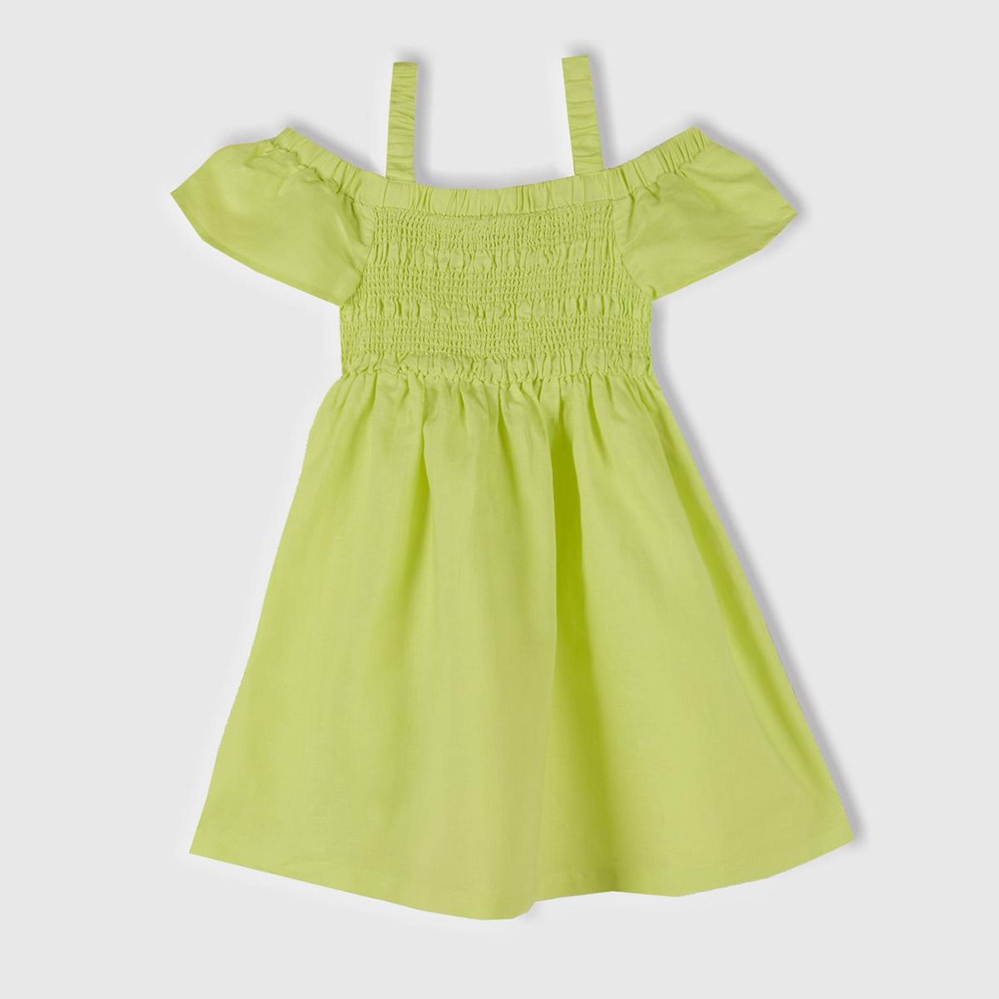 Kız Çocuk Sarı Fırfırlı Kısa Kollu Büzgü Detaylı Pileli Elbise