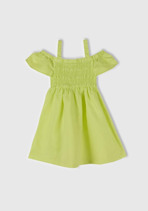  Kız Çocuk Sarı Fırfırlı Kısa Kollu Büzgü Detaylı Pileli Elbise