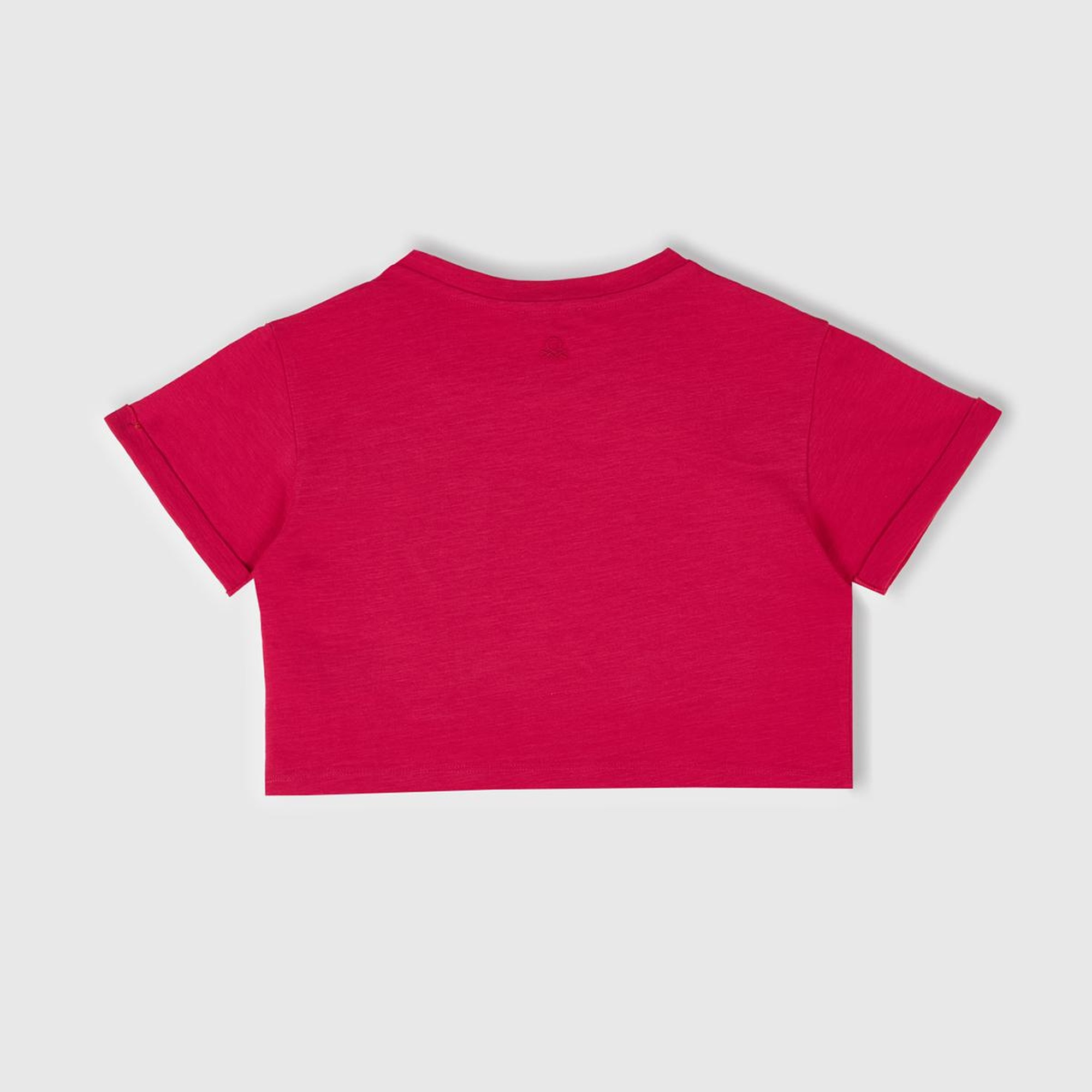 Kız Çocuk Fuşya Nakışlı Bisiklet Yaka Crop T-Shirt