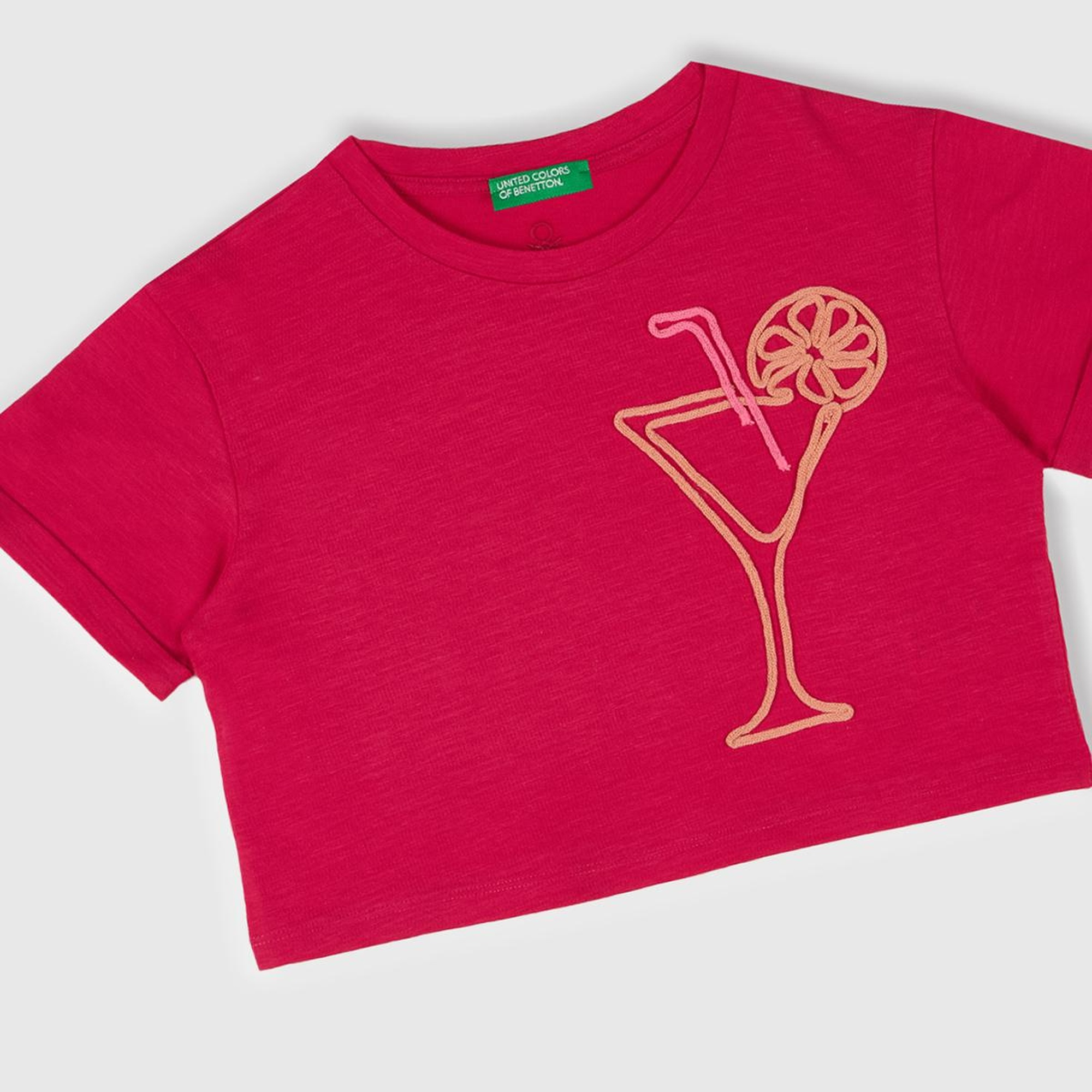 Kız Çocuk Fuşya Nakışlı Bisiklet Yaka Crop T-Shirt