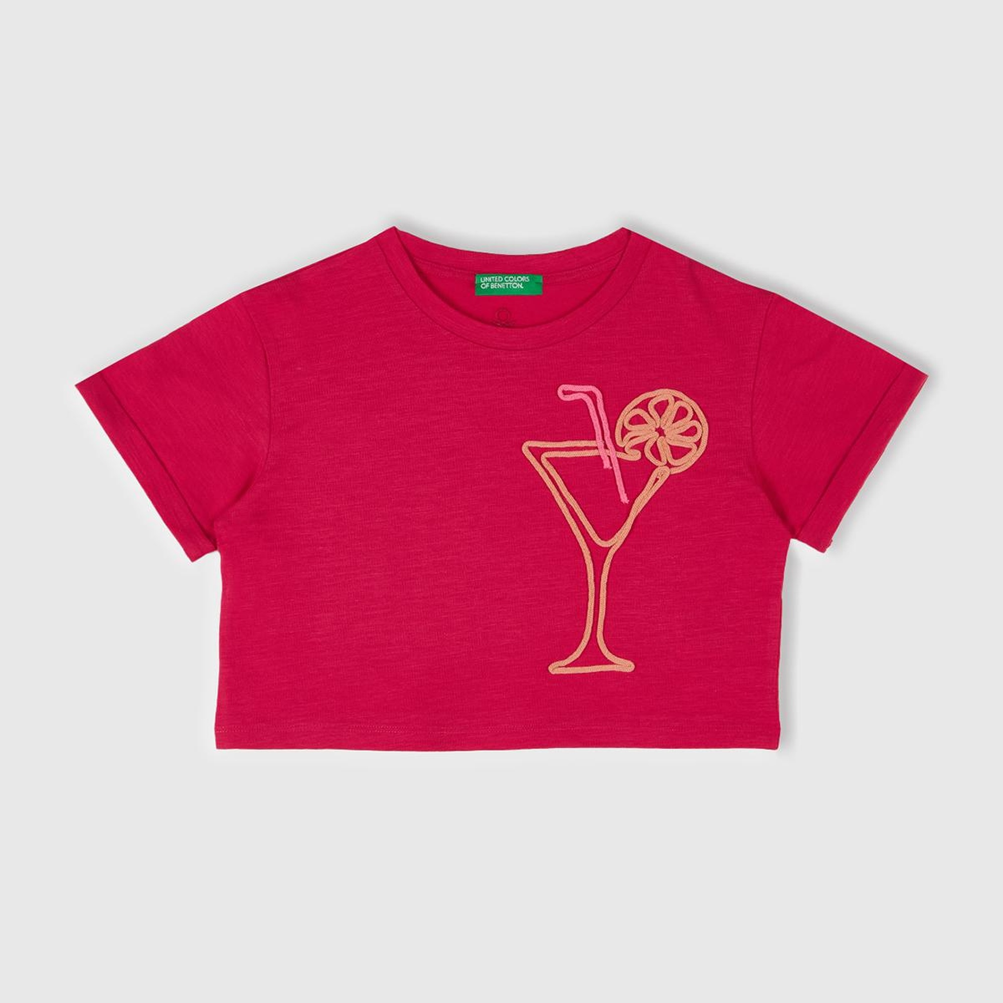 Kız Çocuk Fuşya Nakışlı Bisiklet Yaka Crop T-Shirt