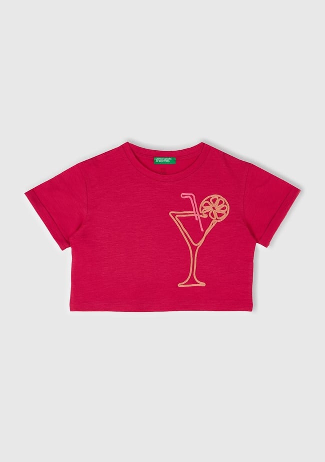  Kız Çocuk Fuşya Nakışlı Bisiklet Yaka Crop T-Shirt