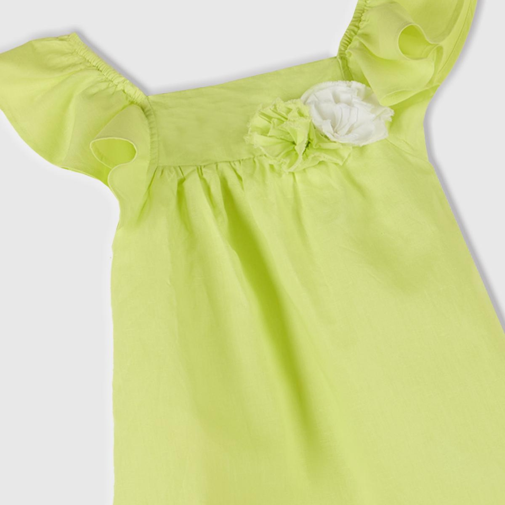 Kız Çocuk Sarı Keten Karışımlı Çiçek Aplikeli Askısı Fırfırlı Pileli Elbise