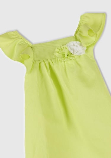  Kız Çocuk Sarı Keten Karışımlı Çiçek Aplikeli Askısı Fırfırlı Pileli Elbise