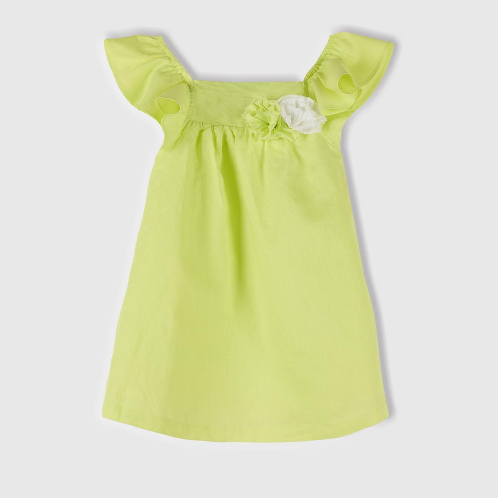 Kız Çocuk Sarı Keten Karışımlı Çiçek Aplikeli Askısı Fırfırlı Pileli Elbise