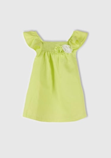  Kız Çocuk Sarı Keten Karışımlı Çiçek Aplikeli Askısı Fırfırlı Pileli Elbise