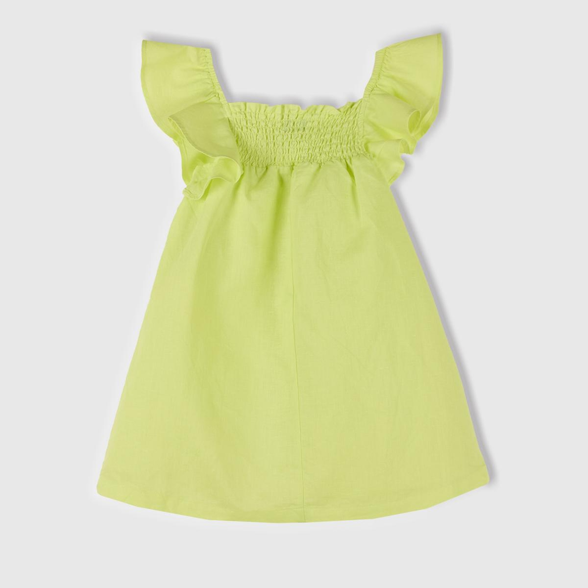 Kız Çocuk Sarı Keten Karışımlı Çiçek Aplikeli Askısı Fırfırlı Pileli Elbise