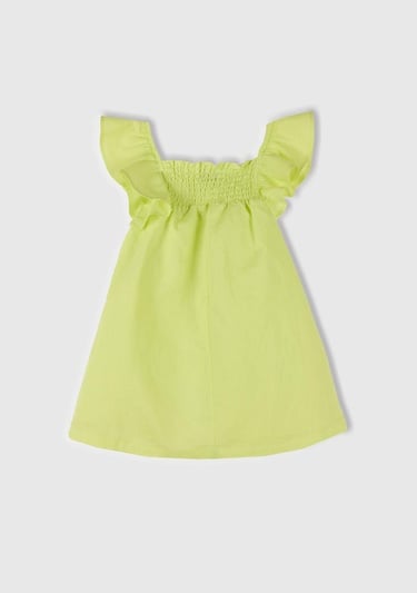  Kız Çocuk Sarı Keten Karışımlı Çiçek Aplikeli Askısı Fırfırlı Pileli Elbise