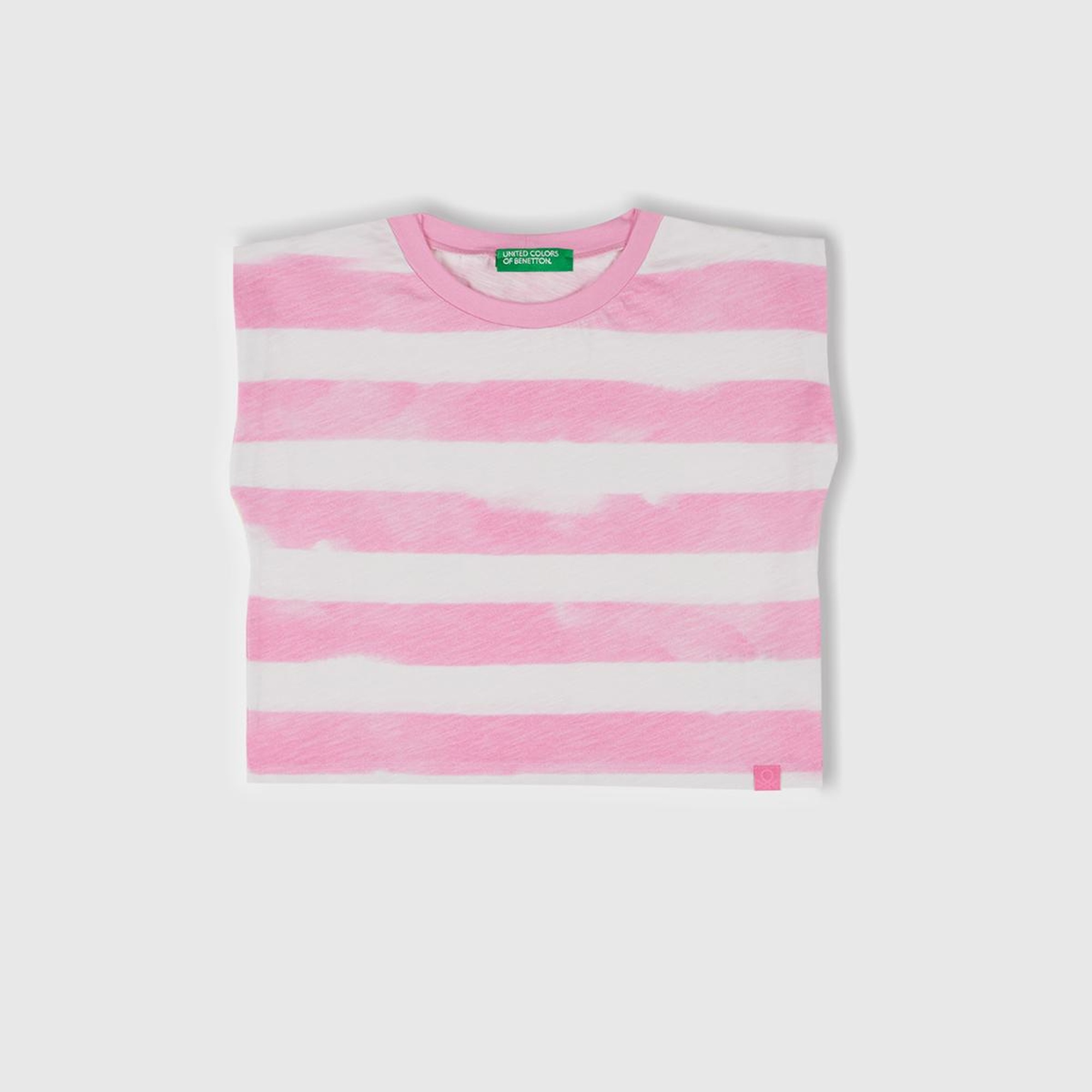 Kız Çocuk Pembe Çizgili Boynu Nervürlü Logo Etiketi Detaylı Kolsuz T-Shirt