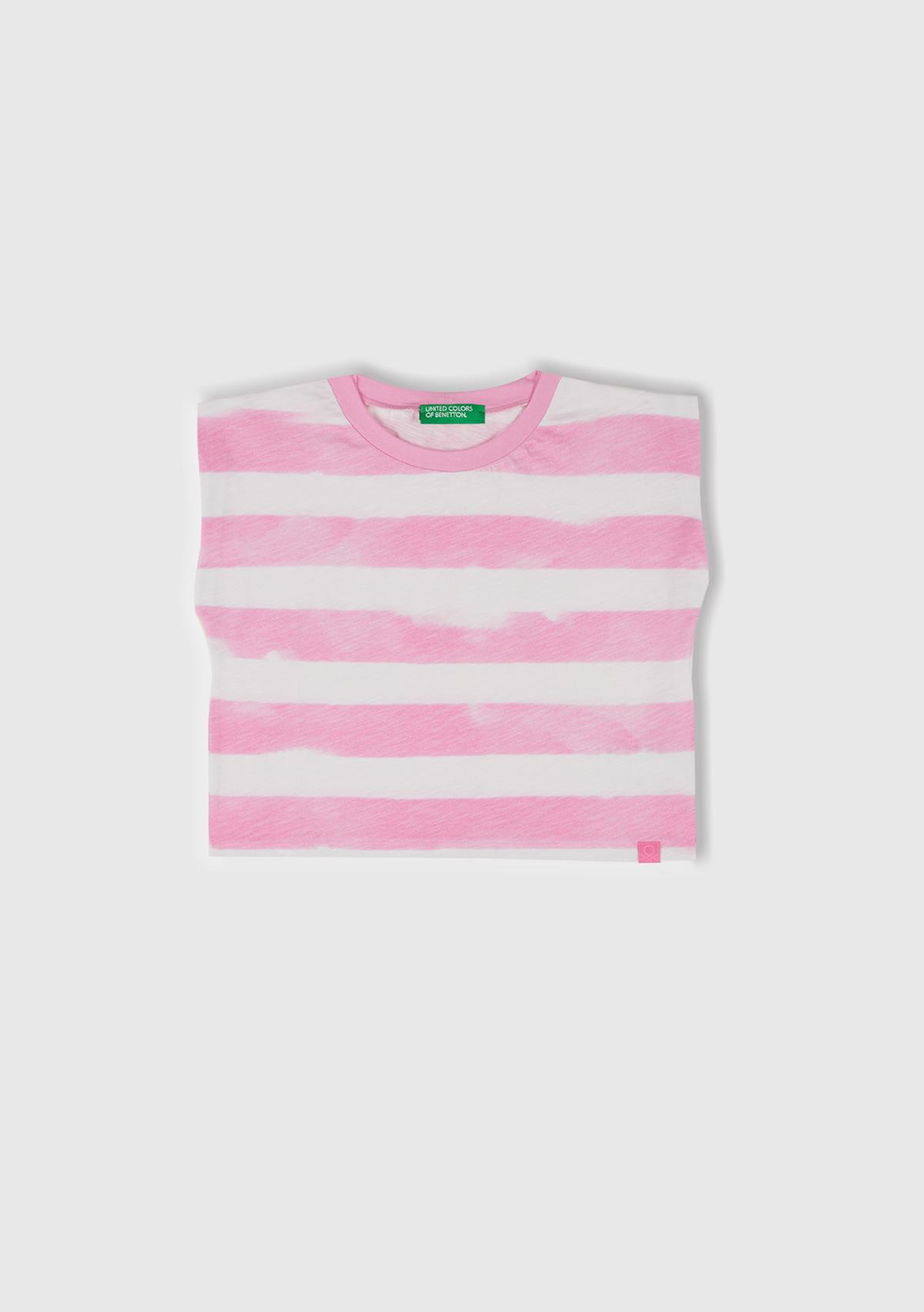  Kız Çocuk Pembe Çizgili Boynu Nervürlü Logo Etiketi Detaylı Kolsuz T-Shirt