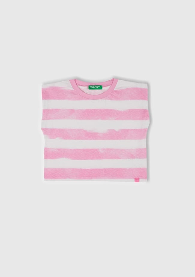  Kız Çocuk Pembe Çizgili Boynu Nervürlü Logo Etiketi Detaylı Kolsuz T-Shirt