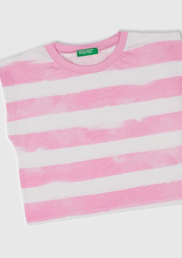  Kız Çocuk Pembe Çizgili Boynu Nervürlü Logo Etiketi Detaylı Kolsuz T-Shirt