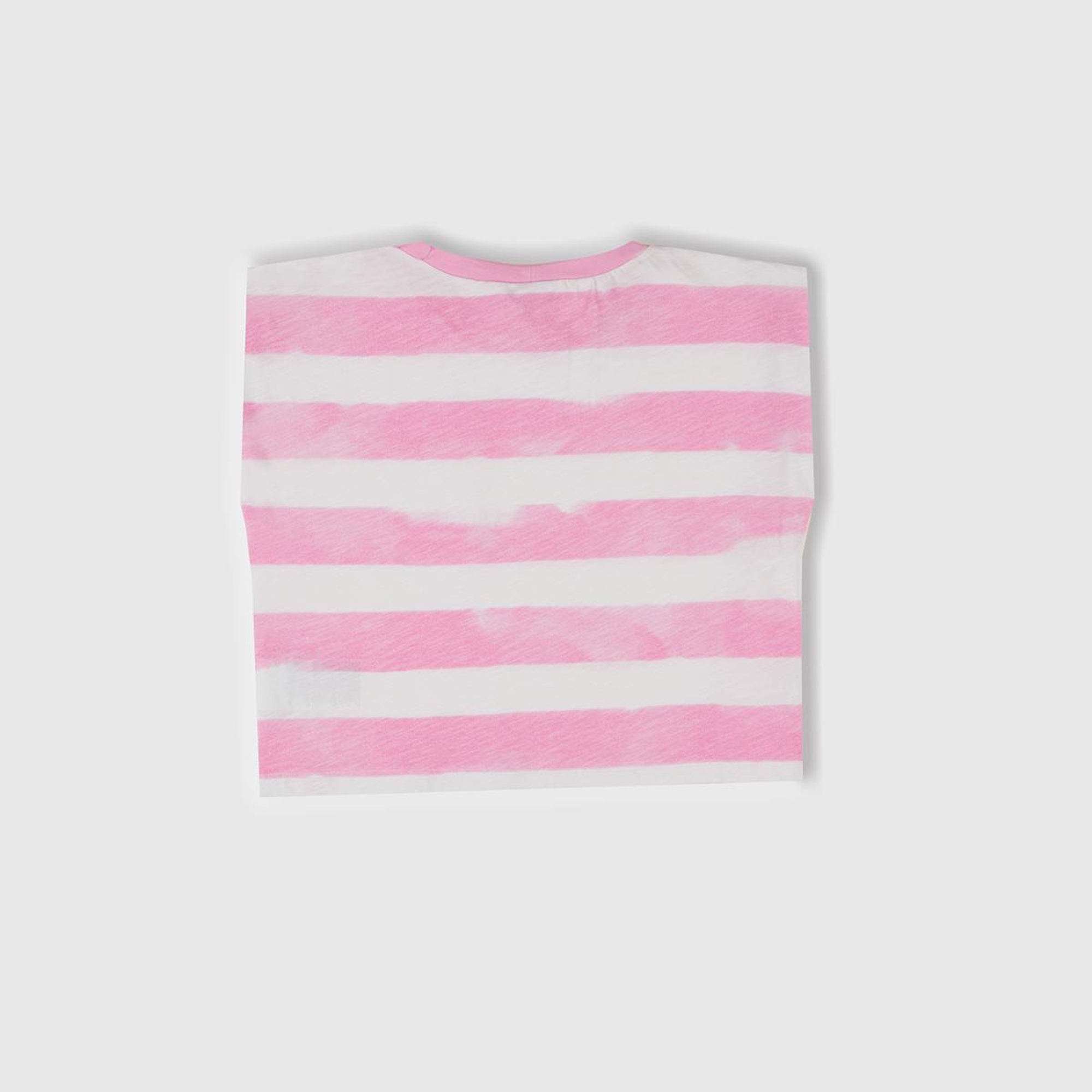 Kız Çocuk Pembe Çizgili Boynu Nervürlü Logo Etiketi Detaylı Kolsuz T-Shirt