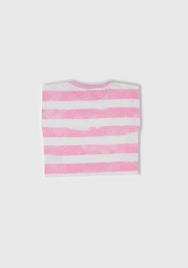  Kız Çocuk Pembe Çizgili Boynu Nervürlü Logo Etiketi Detaylı Kolsuz T-Shirt